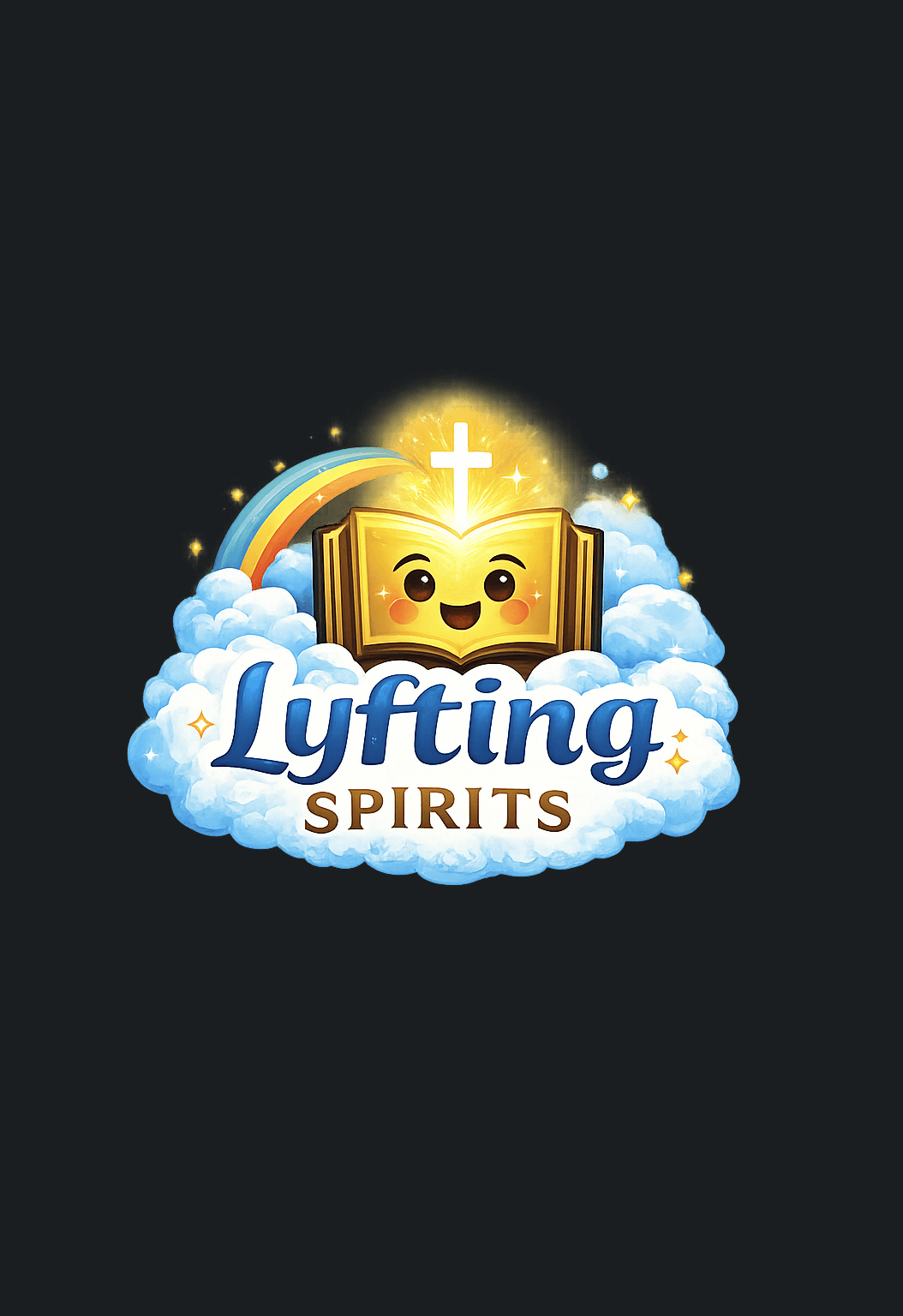 Lyfting Spirits logo featuring an open book, rainbow, clouds, and cross.